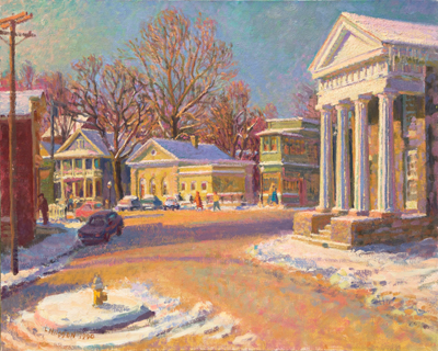   CAT# 0537  Chester Center From Water and North Main Streets - Snow oil 24 x 30 inches Leif Nilsson Winter 1990 ©