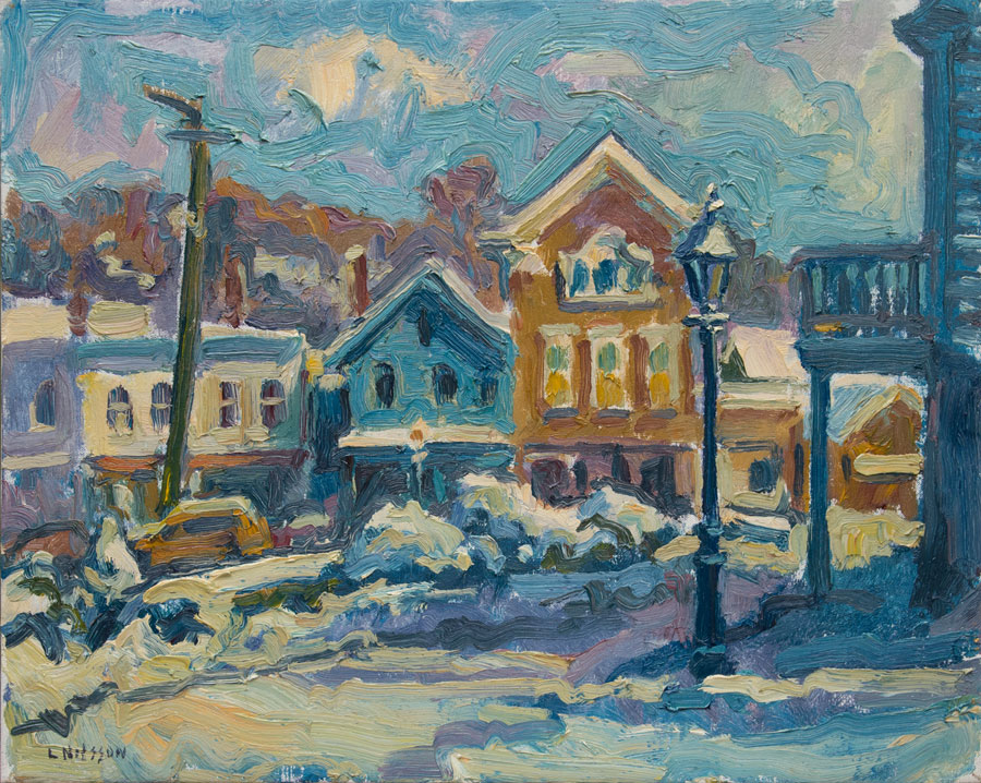   CAT# 1192  Chester Center after the Snow - Sunny Morning  oil	16 x 20	inches Leif Nilsson Winter 1993 © 