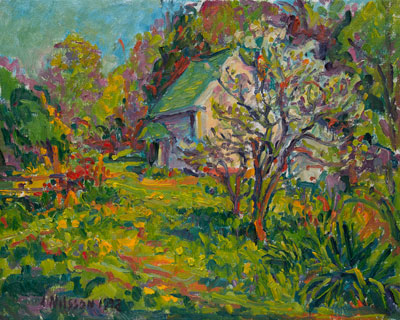   CAT# 1195  Flowering Cherry at the Larsson's  oil	16 x 20	inches Leif Nilsson Spring 1992 © 