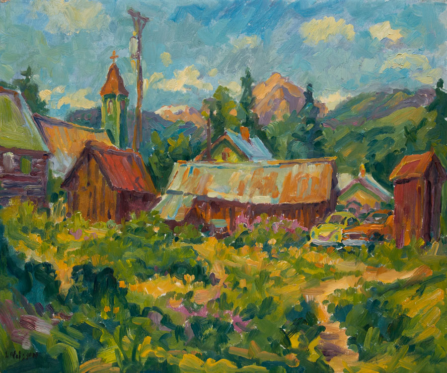   CAT# 1277  Backyards at Crested Butte with Bug & Datsun  oil	20 x 24 inches  Leif Nilsson Summer 1993 ©