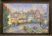   CAT# 1324  Chester Center - Rainy Dusk with Flower Boxes  oil 24 x 37 inches Leif Nilsson Autumn 1993 ©