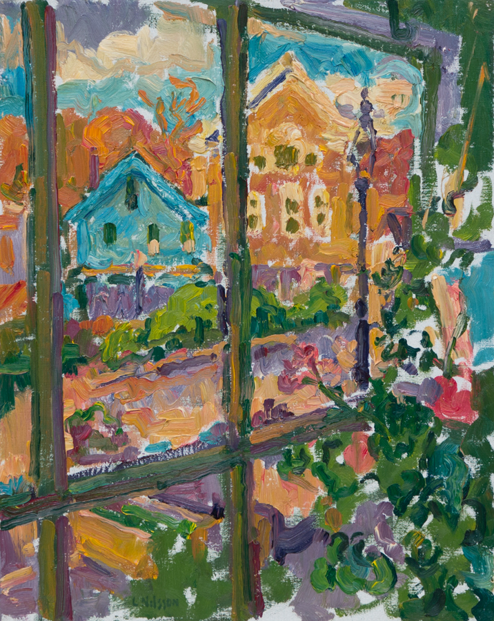 CAT# 1361 Chester Center out the Window with Hanging Geraniums oil 20 x 16 inches Leif Nilsson autumn 1993 ©