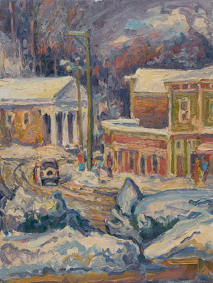   CAT# 1449  Chester Center - Blustery Winter Afternoon with Dr. Kerns Jeep  oil	24 x 18	inches Leif Nilsson Winter 1994 ©