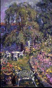   CAT# 1671  Backyard with Geraniums  oil 40 x 24 inches  Leif Nilsson Summer 1996 ©