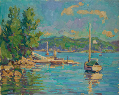  CAT# 2053  Cat Boat at Pettipaug  oil 16 x 20  Leif Nilsson summer 1999 © 