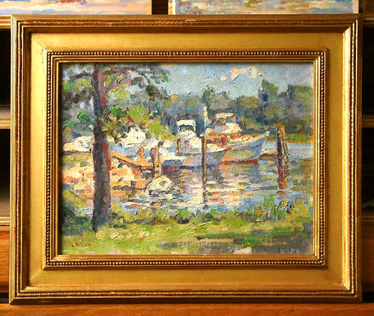 An oil painting of brewers deep river marina through some trees on a summer morning by Leif Nilsson.