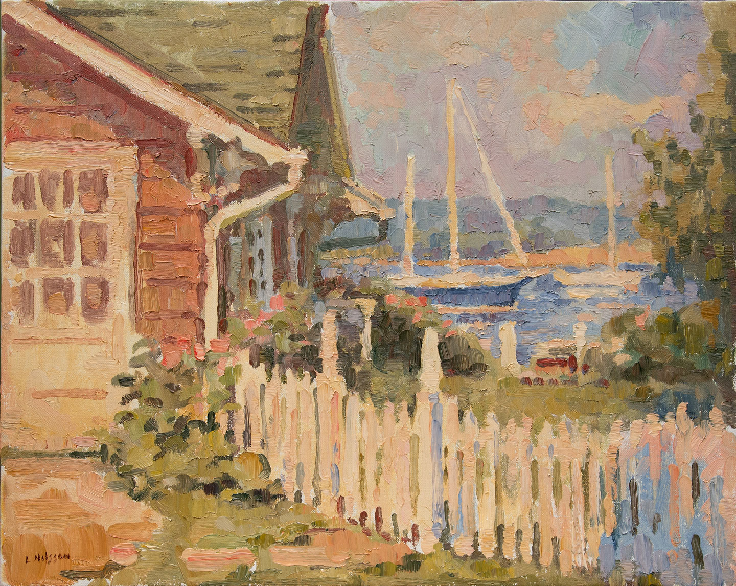 An original oil painting of a Boat House in Essex, Connecticut by Leif