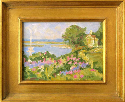  CAT# 2568  North Cove, Old Saybrook - from the garden  oil 9 x 12  Leif Nilsson summer 2003 ©