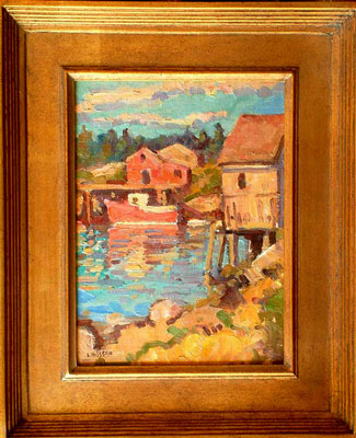 CAT# 2594 Boat House at Indian Harbour, Nova Scotia oil 9 x 12 inches Leif Nilsson summer 2003 ©