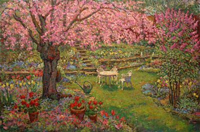  CAT# 2625 Backyard Garden with Flowering Cherry Tree oil 36 x 54 Leif Nilsson summer 2003 ©