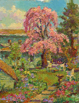   CAT# 2655 Back Yard With Cherry Tree oil 12 x 9 inches Leif Nilsson Spring 2004 ©