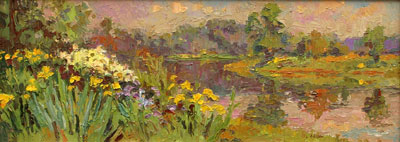   CAT# 2719 Selden's Creek with Yellow Flag Iris  oil 9 x 24 inches Leif Nilsson spring 2005 © 