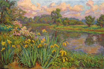   CAT# 2721 Wild Yellow Flag Iris's on Selden's Creek - Morning  oil 36 x 54 inches Leif Nilsson spring 2005 © 