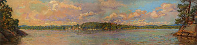   CAT# 2751  Deep River from Selden's Island  oil 24 x 96 inches Leif Nilsson summer 2005 © 