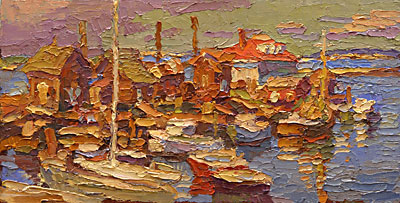 CAT# 2762 Menemsha Village Docks oil 5 x 10 inches Leif Nilsson autumn 2005 ©