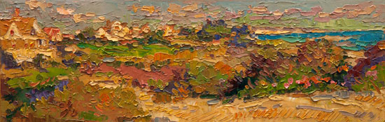 CAT# 3147  Watch Hill from the Ocean House  oil	6 x 18  Leif Nilsson autumn 2011	 