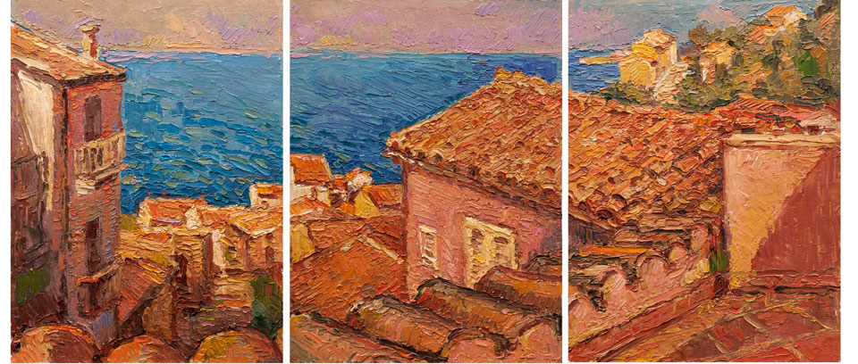 St Ambrogio - view from the terrace, triptyc oil 12 x 27
