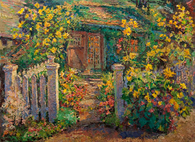 CAT# 3191  The Studio Garden with morning Glories and Sunflowers  oil	30 x 40  Leif Nilsson autumn 2012	© 