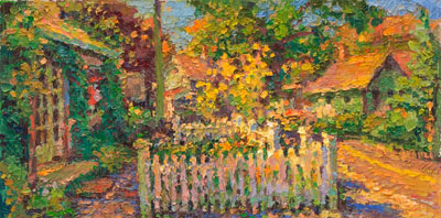 CAT# 3192  The Studio Garden Fence with Sunflowers  oil	9 x 16  Leif Nilsson autumn 2012	© 