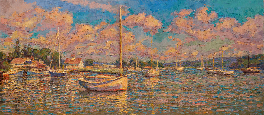 CAT# 3403 Catboat in Essex - Summer Morning oil 24 x 54 inches Leif Nilsson summer 2016 ©