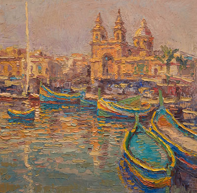 CAT# 3430  Fishing boats at Marsaxlok, Malta II  oil	18 x 18	inches Leif Nilsson spring 2017	© 