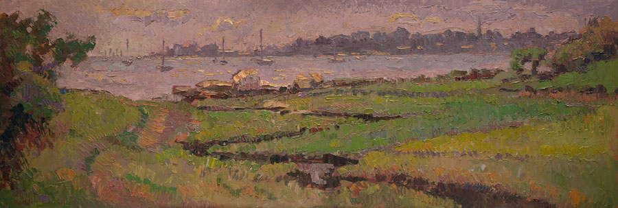 CAT# 3446 Masons Island - Money Point Marsh oil 18 x 52 inches Leif Nilsson summer 2017 ©