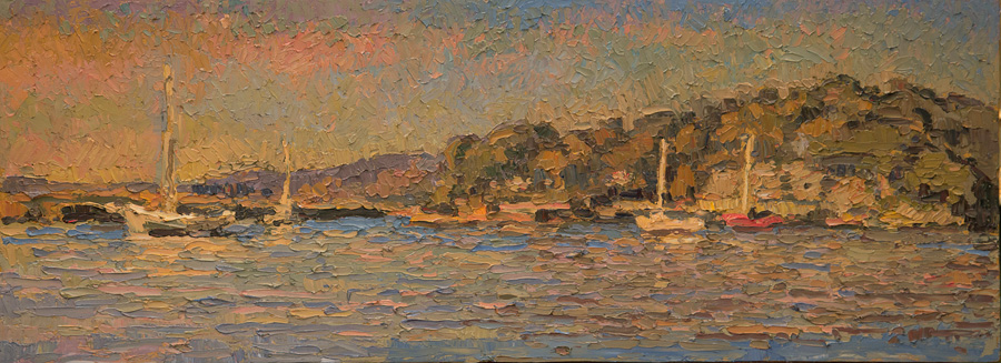 CAT# 3476 Lords Creek from Calves Island at Old Lyme Marina oil 9 x 24 inches Leif Nilsson Autumn 2017 ©