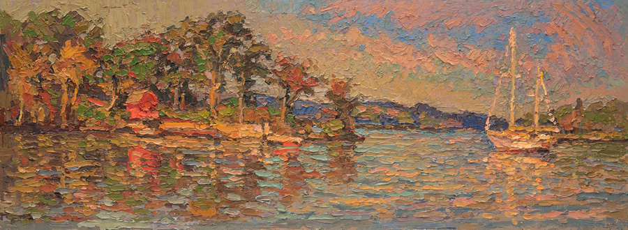 CAT# 3480  Hamburg Cove Boat House  oil	9 x 24 inches Leif Nilsson Autumn 2017	&copy; 