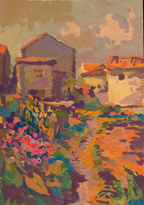 CAT# 3494  Faja Grande, Azores - garden path  gouache	7 x 11 inches Leif Nilsson spring 2018	© 