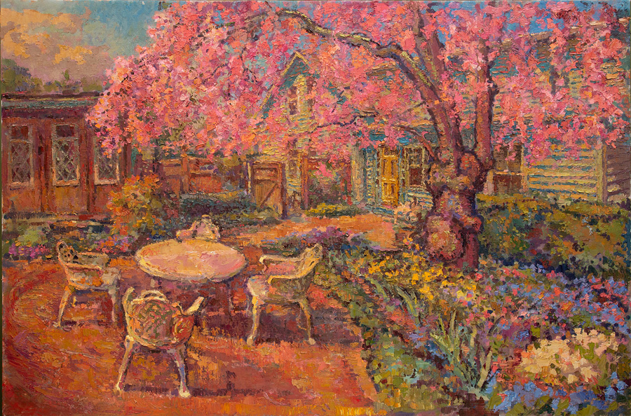 CAT# 3508  Backyard Cherry Tree Garden  oil	36 x 54  Leif Nilsson spring 2018	© 