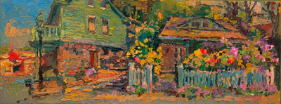 CAT# 3581  Spring Street Garden - autumn afternoon  oil	9 x 24	inches Leif Nilsson autumn 2018	© 