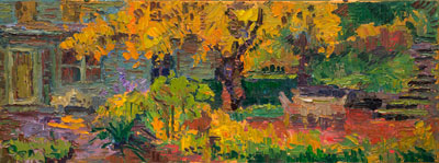   CAT#3594 Backyard Garden - golden cherry tree oil 9 x 24 inches Leif Nilsson autumn 2018	©