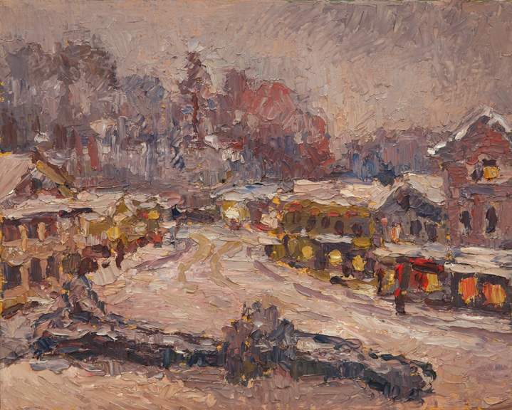 CAT# 3600 Chester Center from the front door - snowing oil 8 x 10 inches Leif Nilsson winter 2019 ©