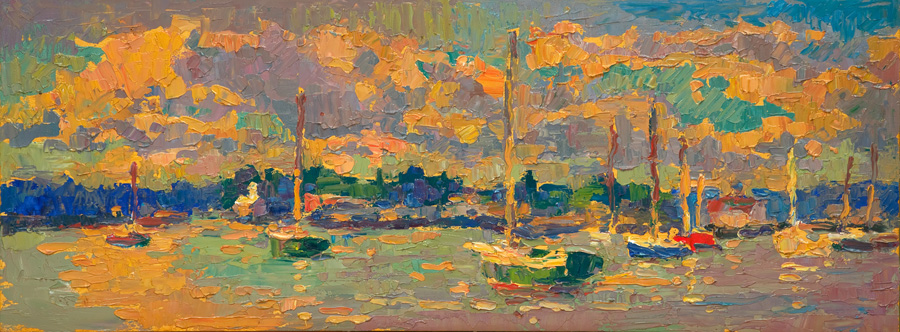 CAT# 3619  Essex from the Mooring Fields  oil	9 x 24 inches  Leif Nilsson summer 2019	&copy; 