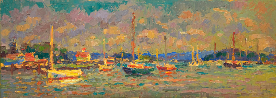 CAT# 3624  Essex from the Mooring Fields - afternoon  oil	9 x 24 inches  Leif Nilsson summer 2019	&copy; 