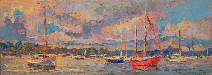 CAT# 3644  Essex - red boat  oil	9 x 24 inches Leif Nilsson autumn 2020	&copy;