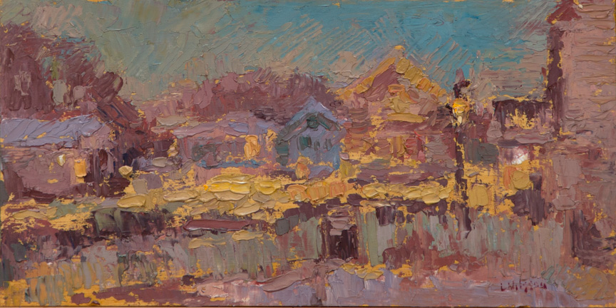 CAT# 3649  Chester Center winter dusk  oil	6 x 12 inches  Leif Nilsson winter 2020	© 