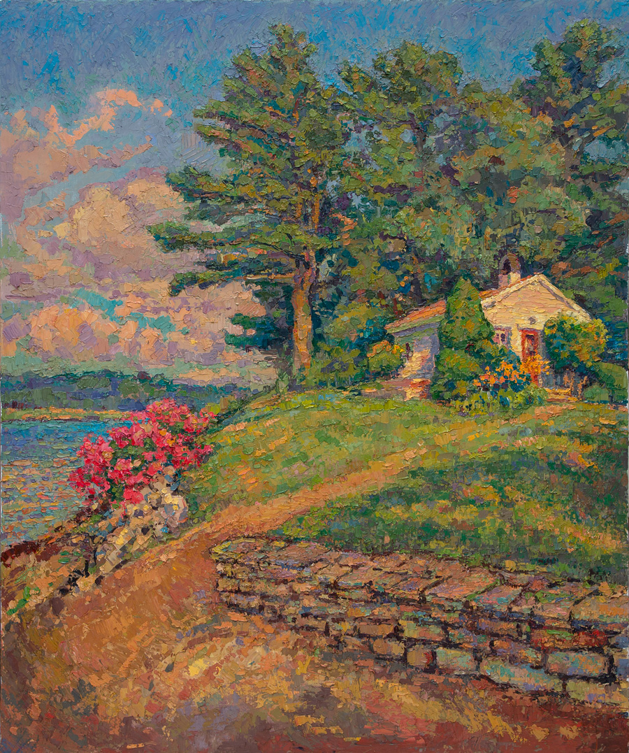 CAT# 3662  Riverside Cottage - afternoon  oil	36 x 30 inches  Leif Nilsson summer 2021	&copy;