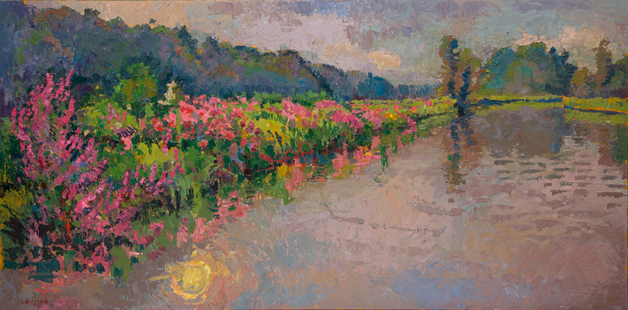 CAT# 3672 Seldens Creek with Loosestrife and Joe Pie Weed - cloudy afternoon oil 24 x 48 inches Leif Nilsson summer 2021 ©