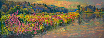  CAT# 3675  Seldens Creek with Loosestrife and Joe Pie Weed - sunny afternoon  oil	18 x 48 inches  Leif Nilsson summer 2021	©