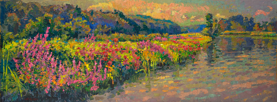 CAT# 3675 Seldens Creek with Loosestrife and Joe Pie Weed - sunny afternoon oil 18 x 48 inches Leif Nilsson summer 2021 ©