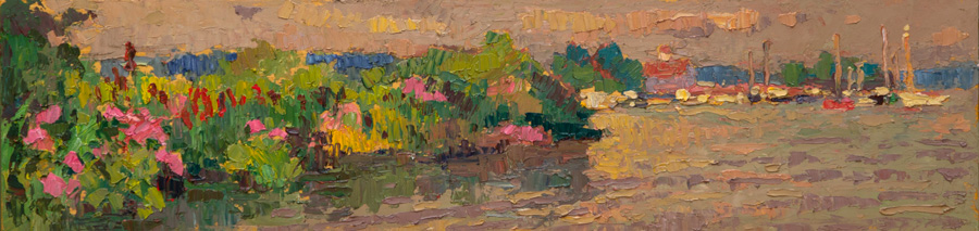 CAT# 3678  Thatchbed Island with Cattails and Marsh Mallows - afternoon  oil	6 x 24 inches  Leif Nilsson summer 2021	&copy;