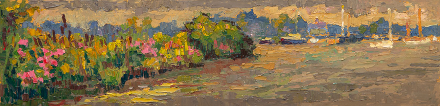 CAT# 3679  Thatchbed Island with Cattails and Marsh Mallows - cloudy afternoon  oil	6 x 24 inches Leif Nilsson summer 2021	&copy;