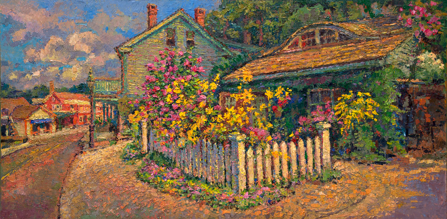  CAT# 3685  Roses of Sharon - summer afternoon  oil	24 x 48 inches  Leif Nilsson summer 2021	© 