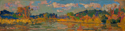 CAT# 3689  Mouth of Seldens Creek - autumn afternoon  oil	6 x 24 inches  Leif Nilsson autumn 2021	© 