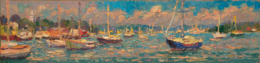 CAT# 3716 Noank from the Mooring Field oil 6 x 24 inches Leif Nilsson summer 2022 ©