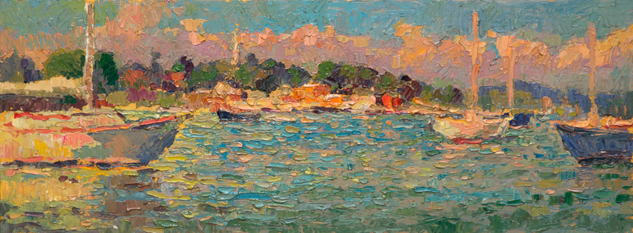 CAT# 3724  Noank from the Mooring  oil	6 x 24	inches Leif Nilsson summer 2022 &copy; 