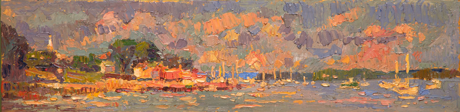 CAT# 3729  Noank from Mawells Dock  oil	6 x 24 inches Leif Nilsson summer 2022	&copy;