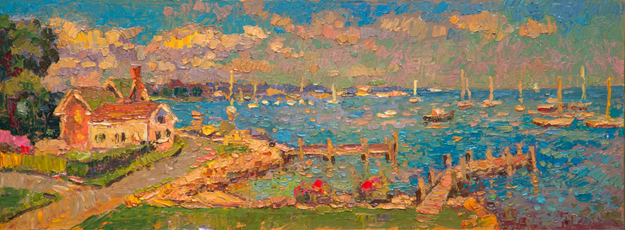 CAT# 3732  Snake Hill - Noank - afternoon  oil	9 x 24	inches  Leif Nilsson summer 2022	&copy;  