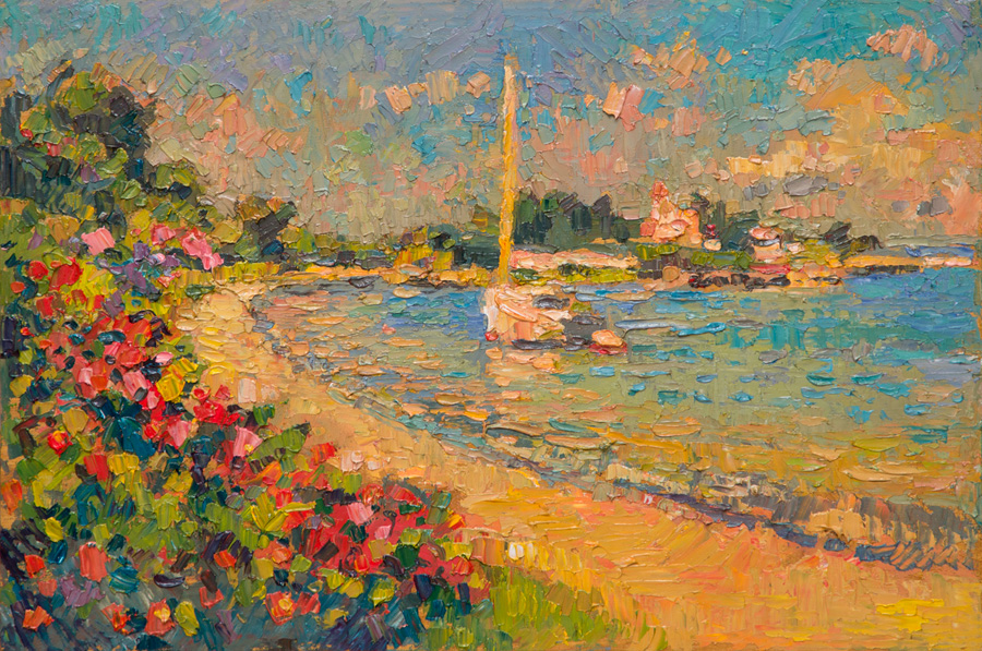 CAT# 3740 Ganesha at South Beach with Rosehips - Fishers Island oil 12 x 18 inches Leif Nilsson summer 2022 ©